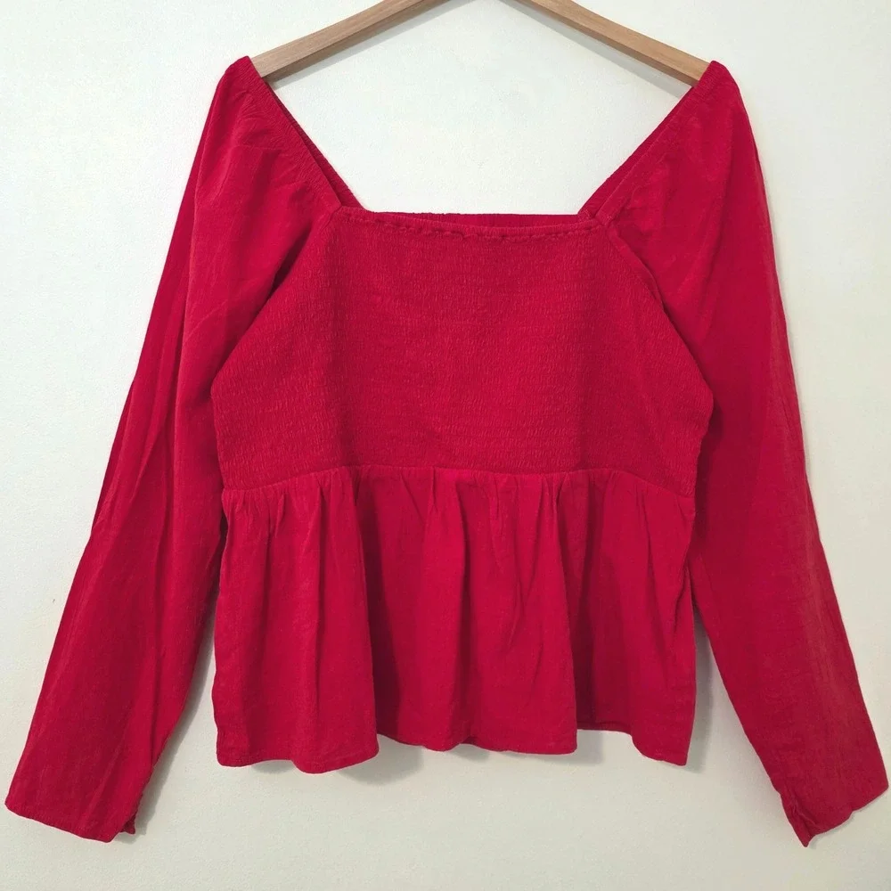 Old Navy Smocked Crepe Top Sz XL Long Puff Sleeve Red Square Neck